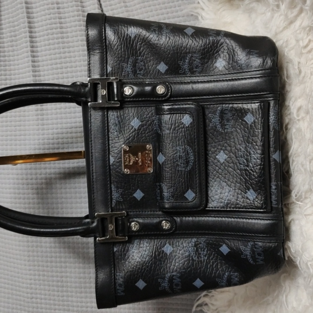 MCM Black Leather Logo Print Tote with Front Pocket